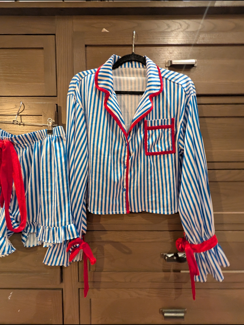 Pajama Shorts/Blouse Set Striped Blue & White with Red Velvet Trim Sz L - Picture 5 of 14